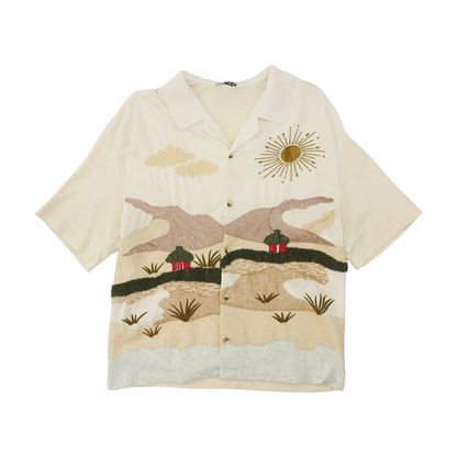 Beige Abstract Short Sleeve Button Down