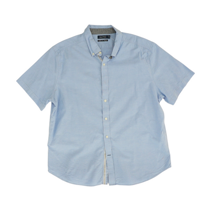 Blue Solid Short Sleeve Button Down