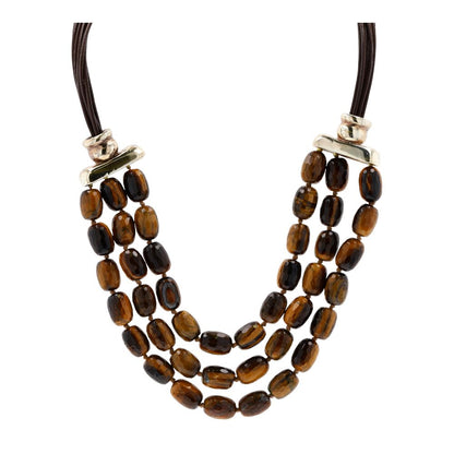 Silver Clasp Three Strand Faceted Tiger's Eye Beads And Leather Cords Necklace