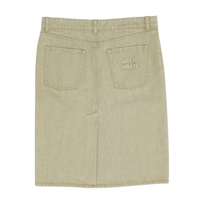 Beige Pre-Fall 2024 Collection By Miuccia Prada Logo Embroidered Beige Denim Knee-Length Skirt