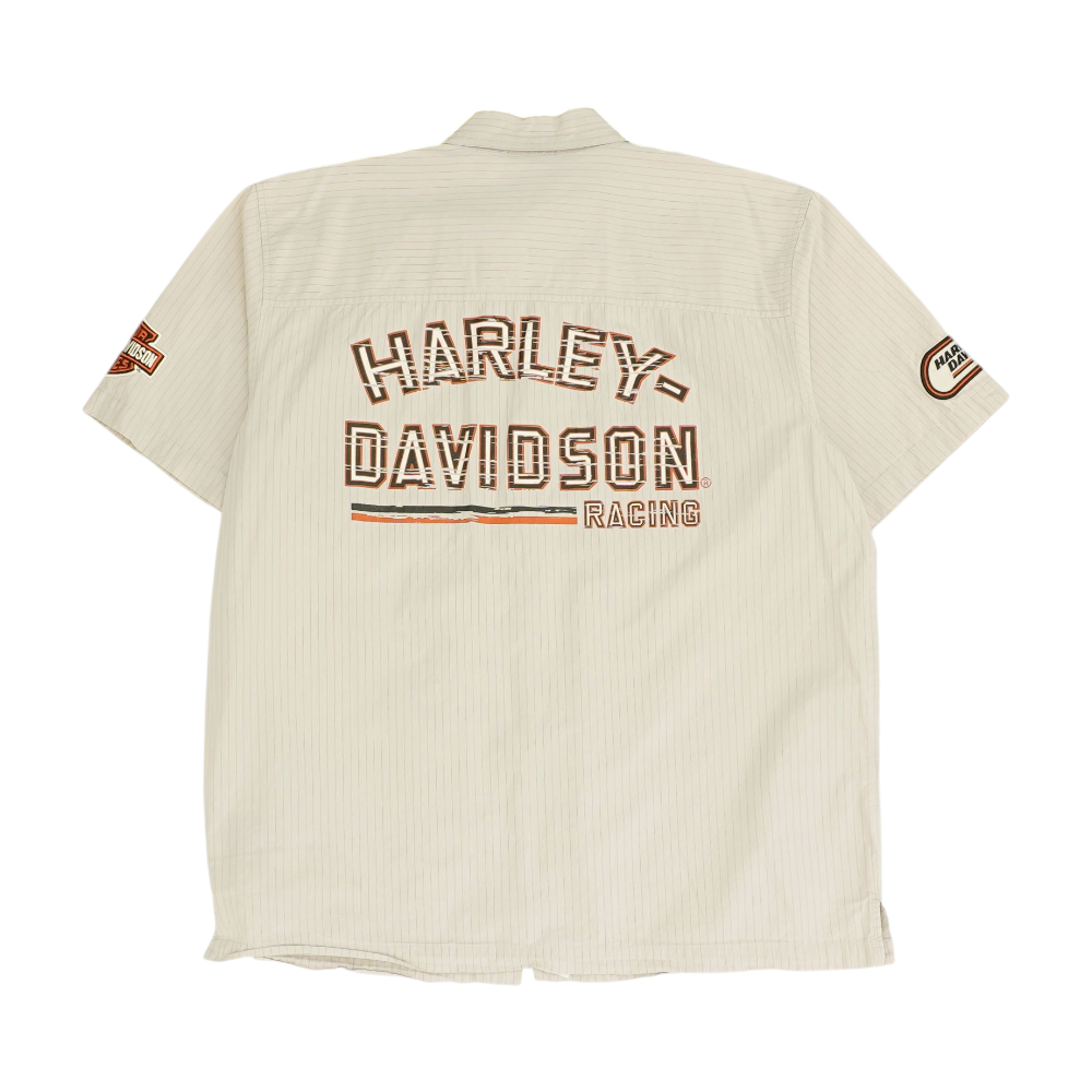 Beige Striped Short Sleeve Button Down