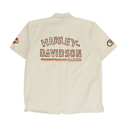 Beige Striped Short Sleeve Button Down
