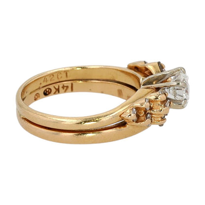 14K Gold Round & Baguette Diamond Engagement Ring W/ Fused Band