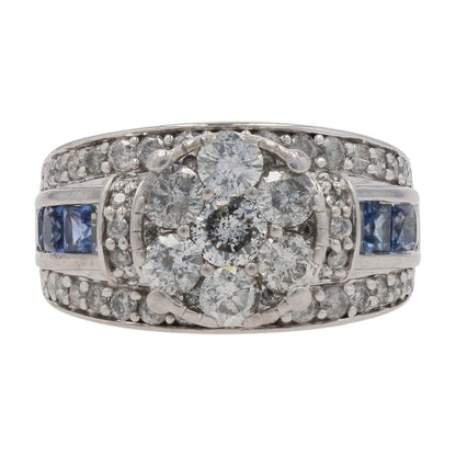 2 Ct 10K White Gold Diamond Cluster With Sapphire Accents Engagement Ring