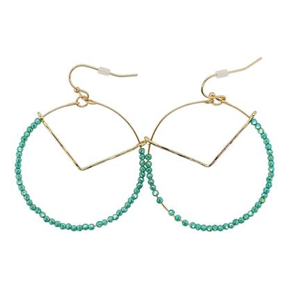 Gold Tone Green Beaded Hoop Earrings