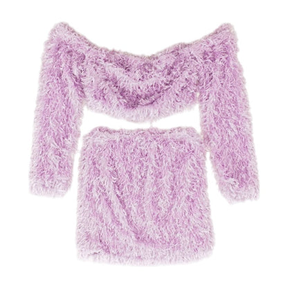Purple Solid Long Sleeve Blouse & Skirt Set