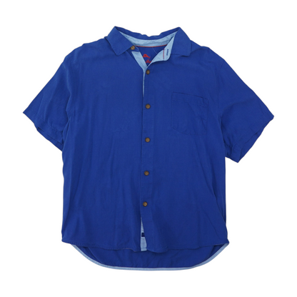 Blue Solid Short Sleeve Button Down