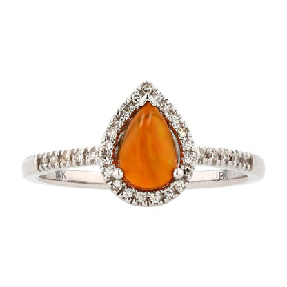 14K White Gold Pear Opal Cocktail Ring With Diamond Halo And Shank