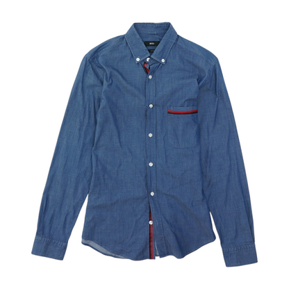 Blue Solid Long Sleeve Button Down