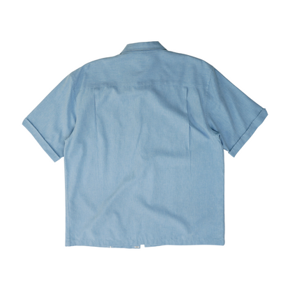 Blue Solid Short Sleeve Button Down