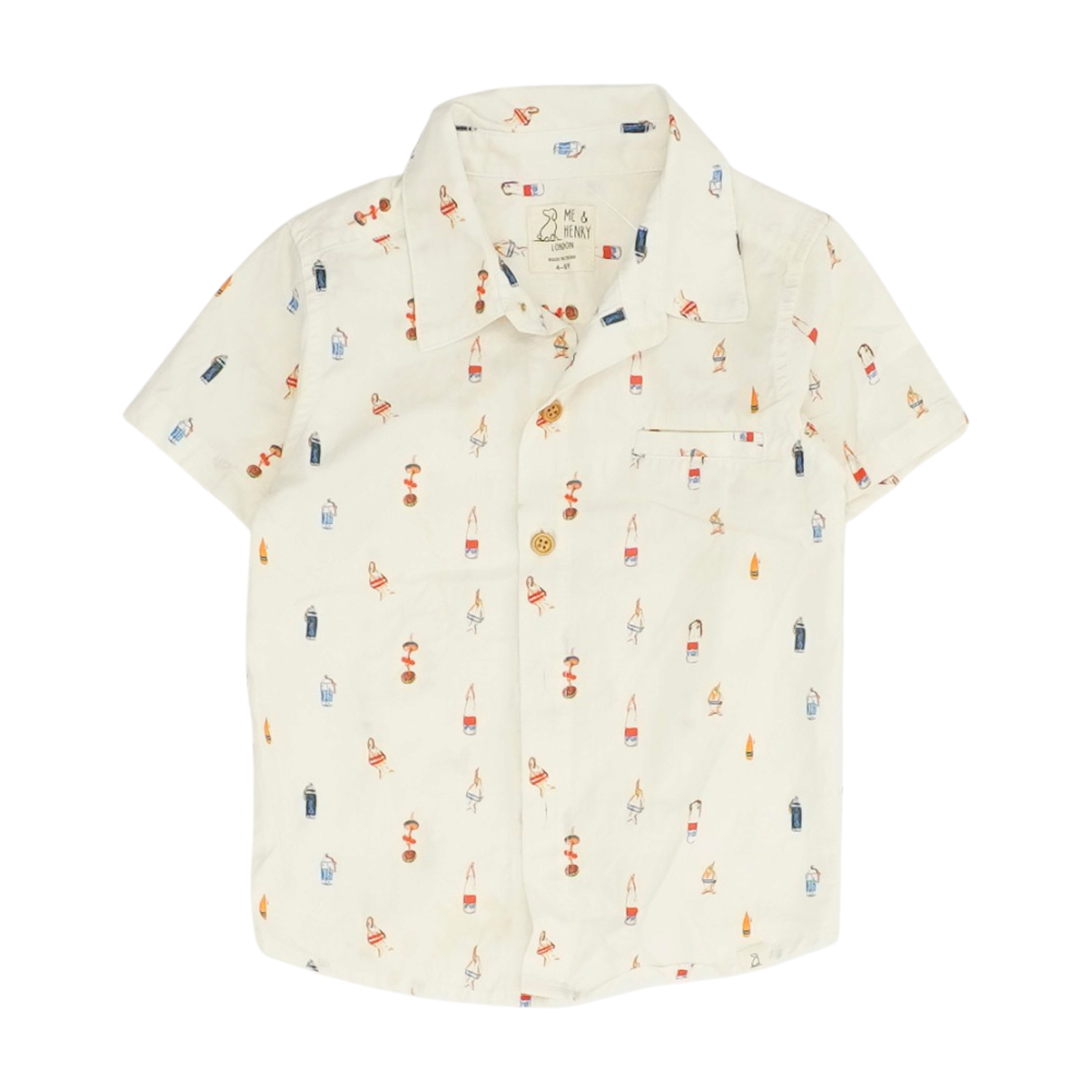 Beige Print Short Sleeve Button Down