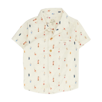 Beige Print Short Sleeve Button Down