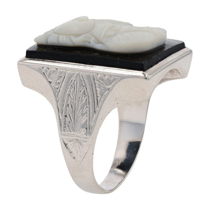 14K White Gold Trojan Cameo Signet Ring