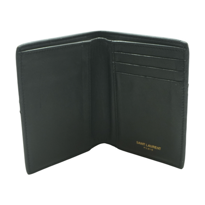 Black Tiny Cassandre Credit Card Wallet in Crocodile-Embossed Matte Leather
