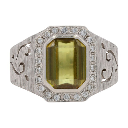 Platinum Emerald Cut Sphene With Diamond Halo And Brushed Shank Cocktail Ring