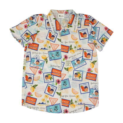 White Graphic Short Sleeve Button Down