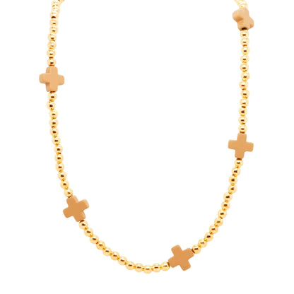 Gold Tone Ball Bead With Brown Stationed Crosses Necklace