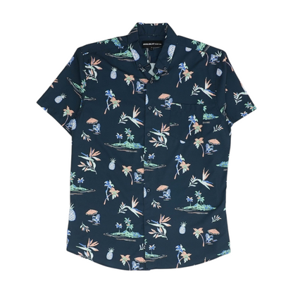 Navy Graphic Short Sleeve Button Down