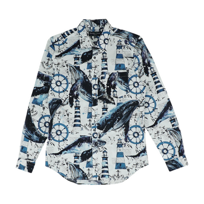 White Print Long Sleeve Button Down