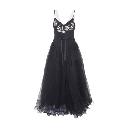 Black Freddie Embroidered Tulle Midi Dress