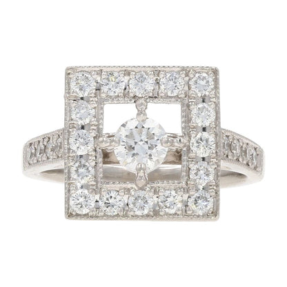 1.00 Ct Platinum Round Diamond Center Deco Style Square Cocktail Ring