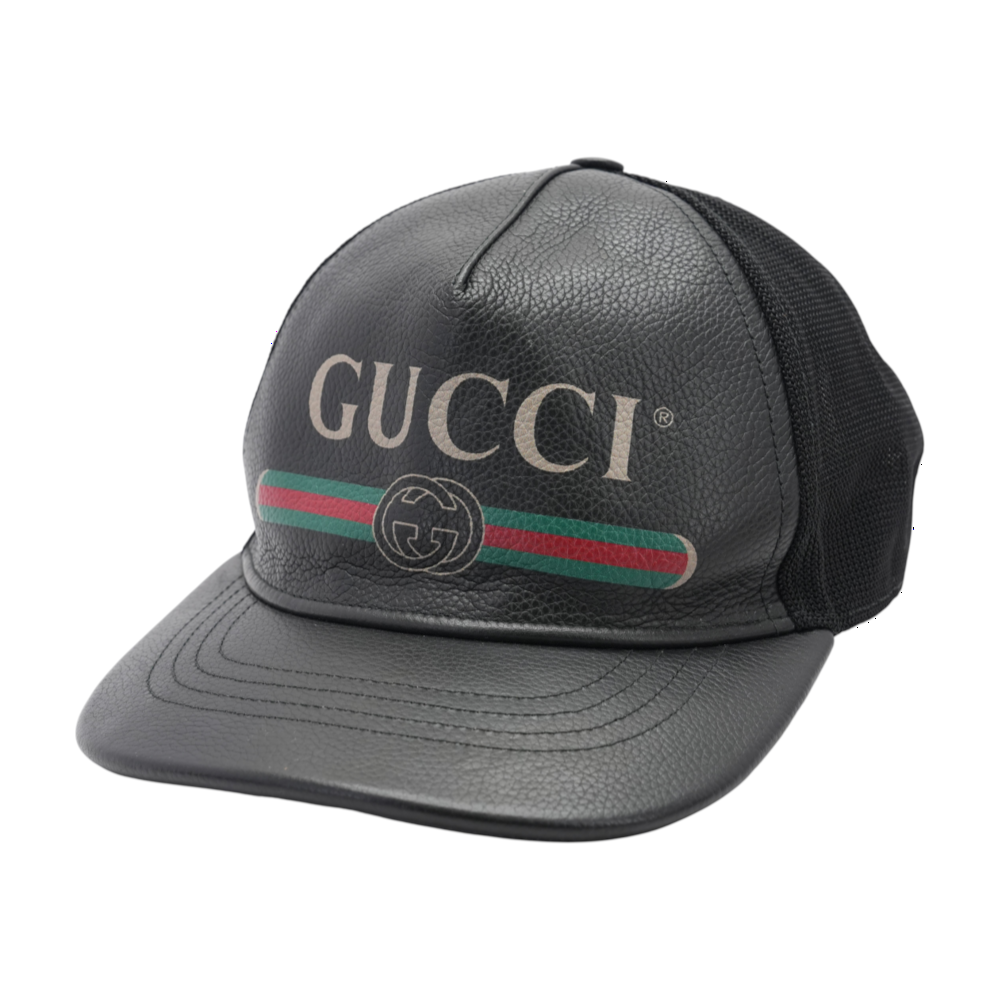 Black Leather Vintage Logo Web Stripe Baseball Cap