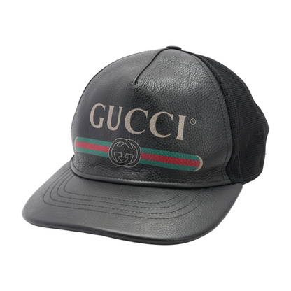 Black Leather Vintage Logo Web Stripe Baseball Cap