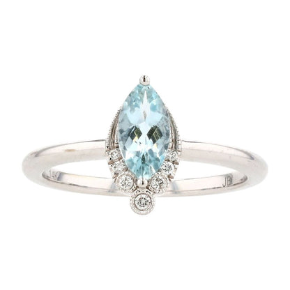 14K White Gold Marquise Center Aquamarine Cocktail Ring W/ Small Diamond Accents