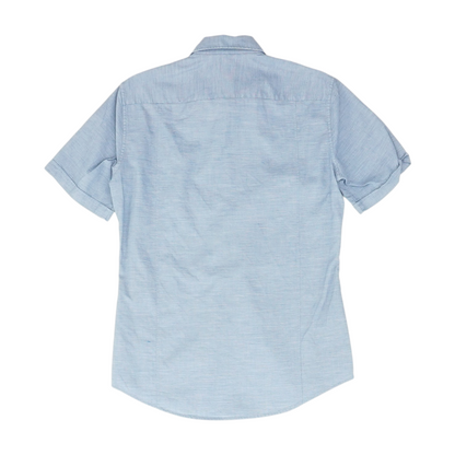 Blue Solid Short Sleeve Button Down