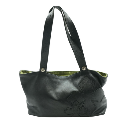 Black Leather Bag with Green Fabric Interior