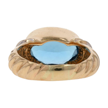 14K Two Tone Gold Side To Side Oval Blue Stone In Beveled Setting Cocktail Ring
