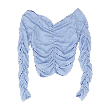 Blue Solid Long Sleeve Blouse