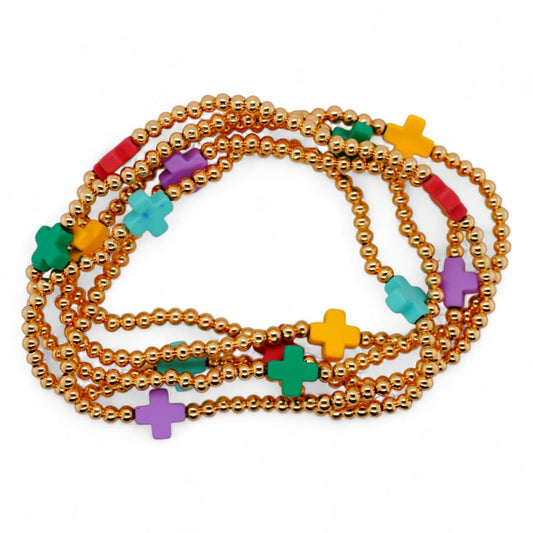 Gold Tone Ball Bead With Multi Color Crosses Stack Bracelets