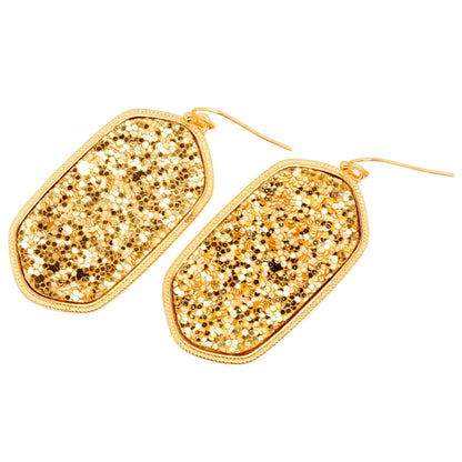 Gold Tone Hexagon Gold Glitter Drop Earrings