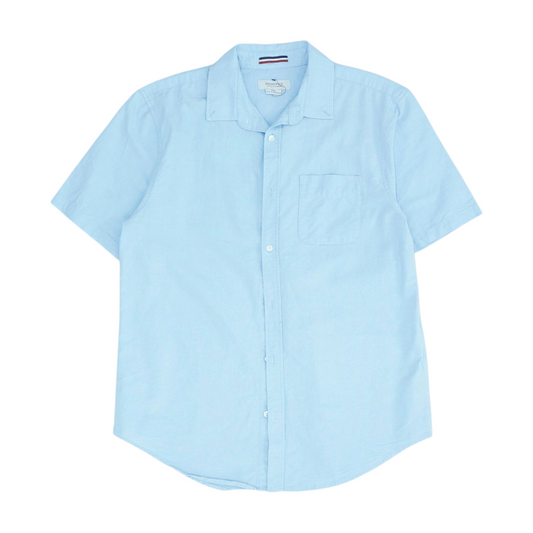 Blue Solid Short Sleeve Button Down