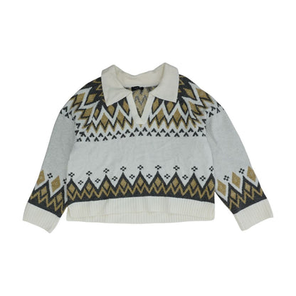 White Geometric V-Neck Sweater