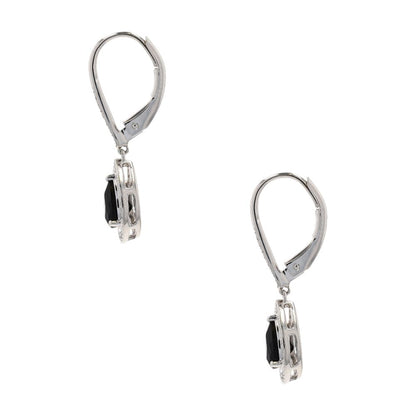 3/4 Ct 10K White Gold Pear Onyx Center With Diamond Halo Dangle Earrings