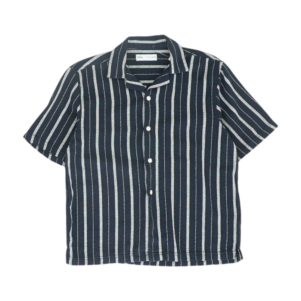 Navy Striped Short Sleeve Button Down