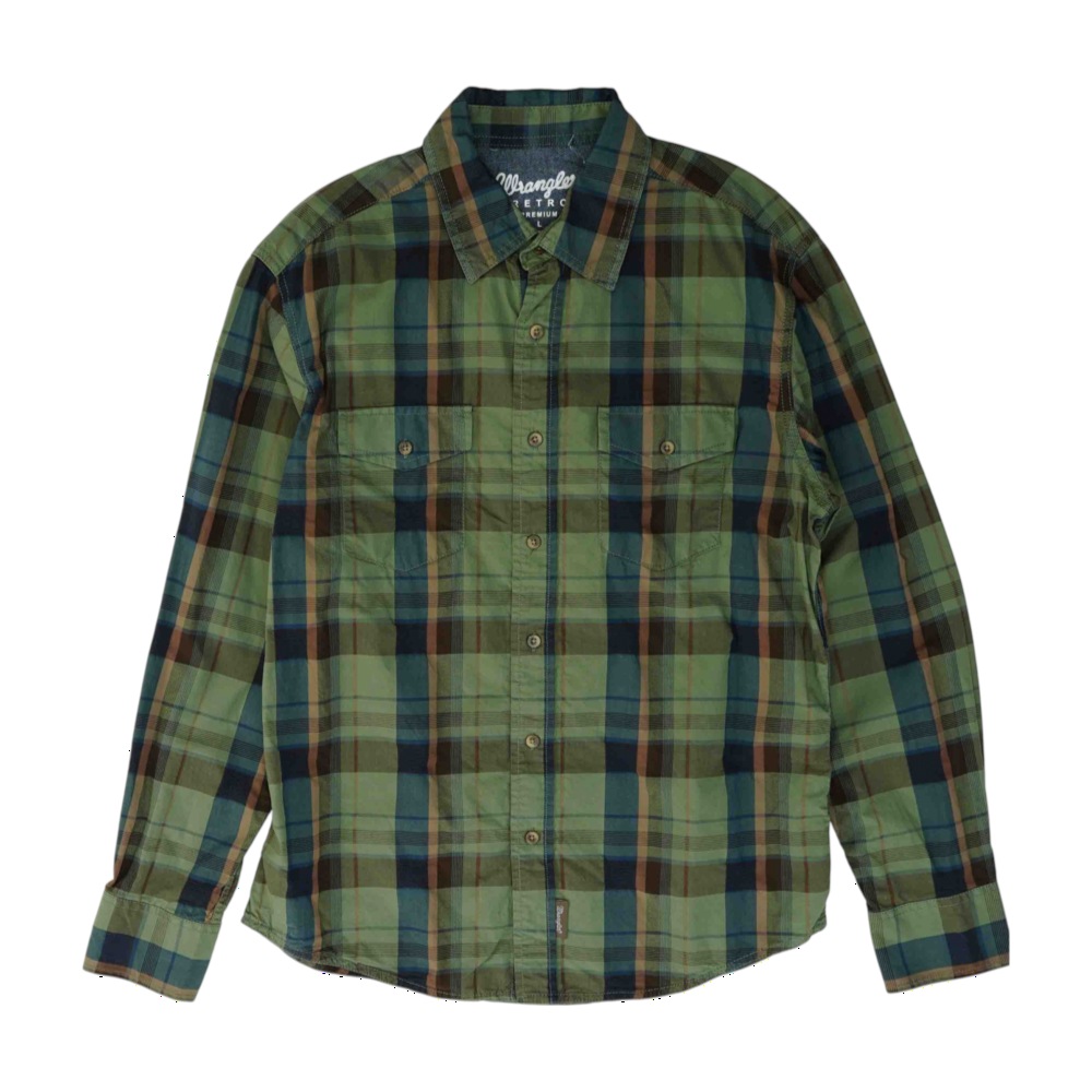 Wrangler Green Plaid Long Sleeve Button Down – Image 1