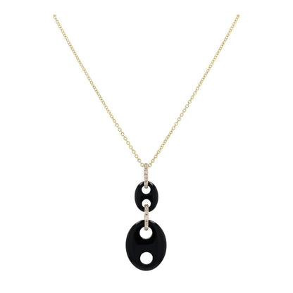 14K Gold Carved Onyx Anchor Link With Diamond Accented Connector Necklace