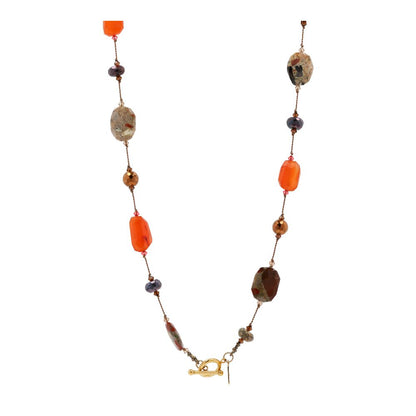 Sterling Silver Orange, Grey, And Brown Stationed Multi-Gemstone Beaded Necklace
