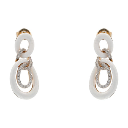 14K Gold Carved Agate Link And Diamond Accented Link Drop Earrings