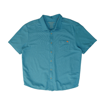Blue Solid Short Sleeve Button Down