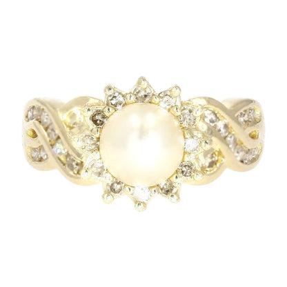 14K Gold Cultured Pearl With Round Diamond Halo And Shank Cocktail Ring