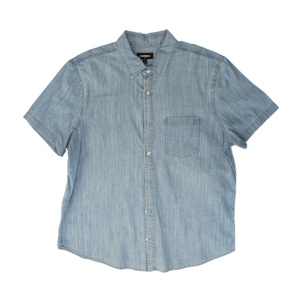 Blue Solid Short Sleeve Button Down