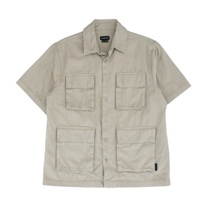Beige Herringbone Short Sleeve Button Down