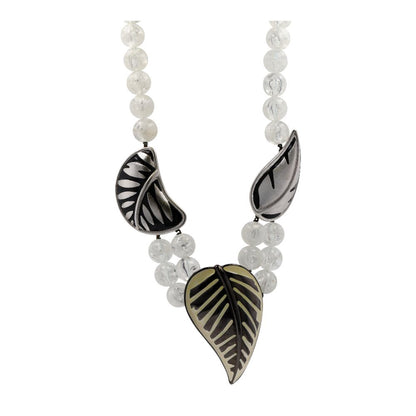 Silver Tone Lucite Beads With Enameled Leaf Necklace