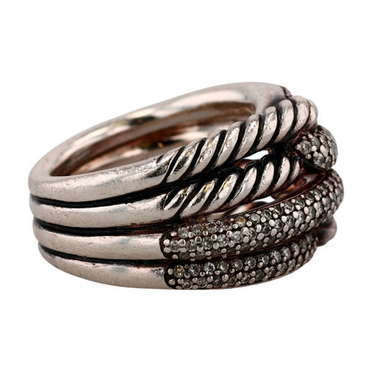 Sterling Silver Labyrinth Double-Loop Band W/ Diamonds