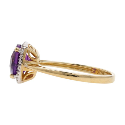10K Gold Faceted Top Round Amethyst Center With Diamond Halo Cocktail Ring