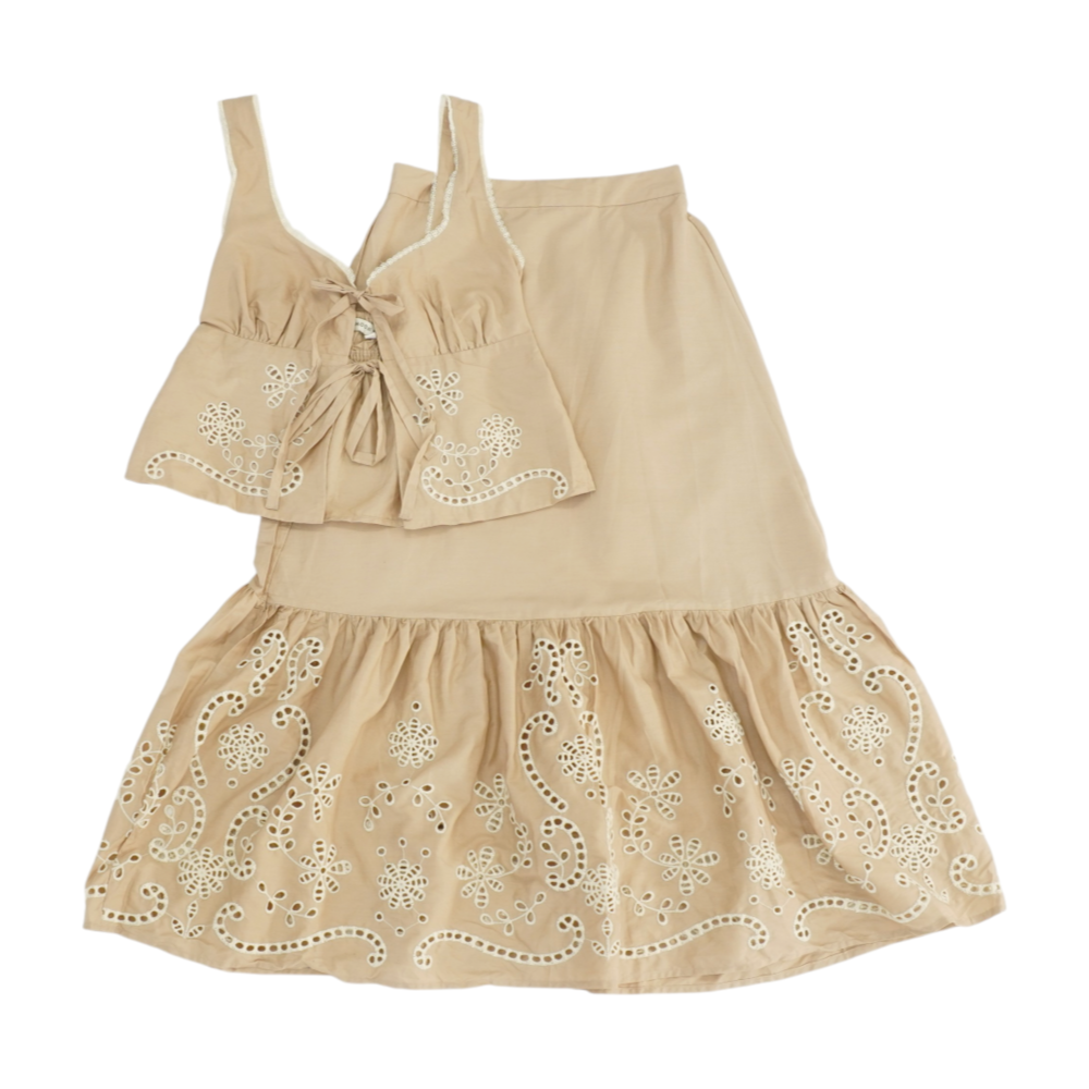 Beige Solid Skirt Set